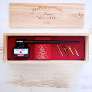 Jacques Herbin Wooden Box Set of Ink & Brause Nibs Calligraphy Pens J. Herbin 