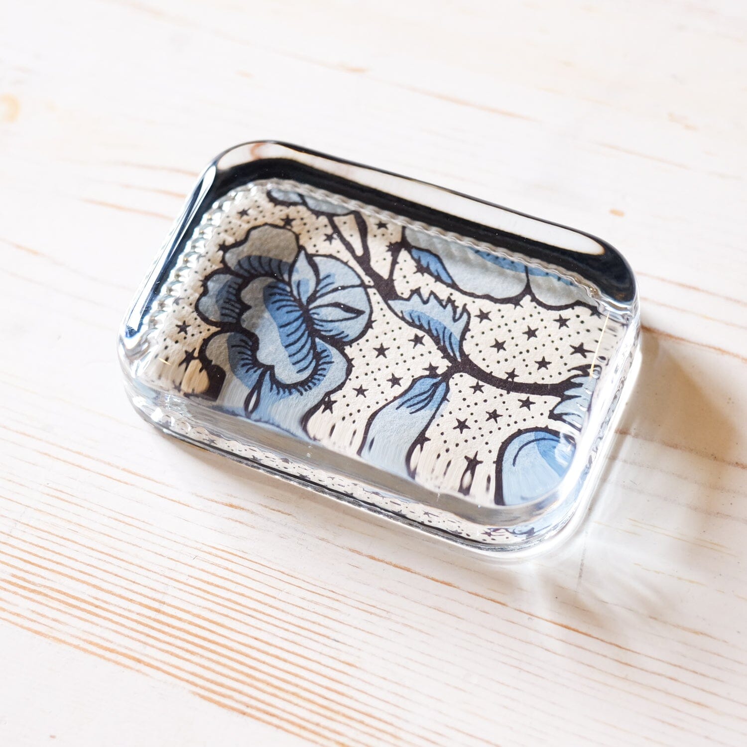 Glass Paperweight - Heirloom Rectangle paperweight Papillon Press Blue Oiseau Rose 