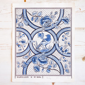 Oiseau et Rose Hand-Painted Print - Blue Art Print Papillon Press 