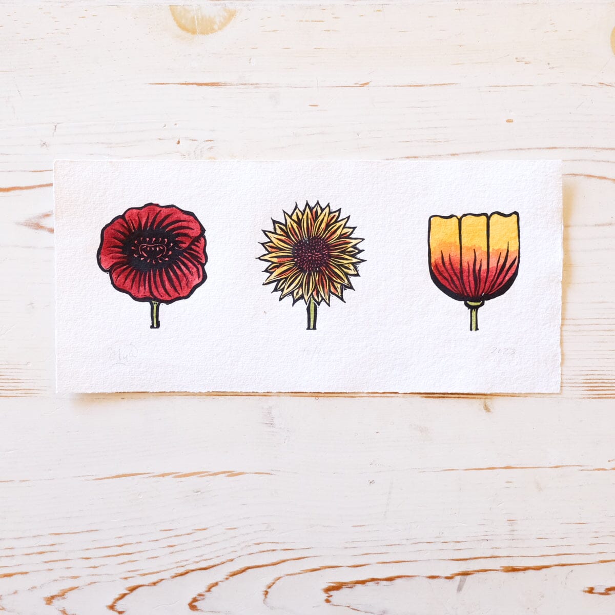 Trio Floral Hand-Painted Print Papillon Press 