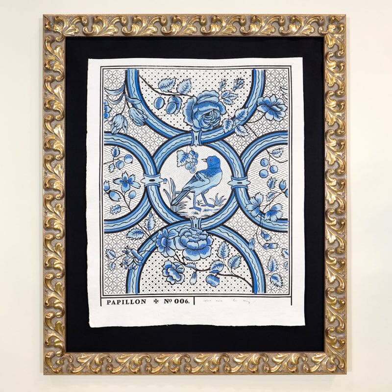 Oiseau et Rose Hand-Painted Print - Blue Art Print Papillon Press 